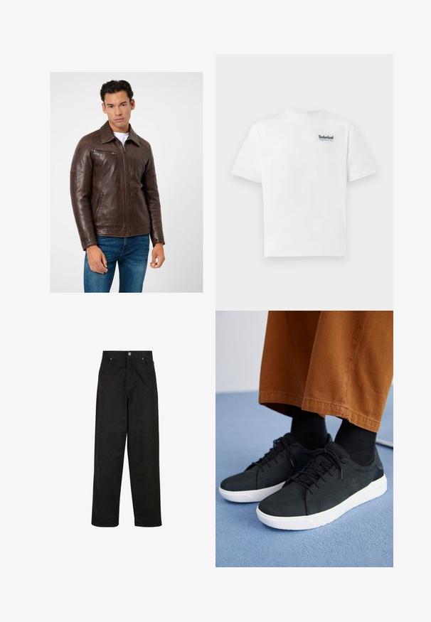 Brun læderjakke med lige snit, lynlås-lommer og krave, parret med blå jeans. Glat tekstur og struktureret design.; Hvid bomulds T-shirt med et blåt broderet "Timberland Rugged Active Gear" logo på den øverste venstre bryst. Korte ærmer og rund hals.; Sorte bredbenede bomuldsbukser med en glat tekstur, der har to forlommer, en knaplukning og en lige pasform.; Sorte ruskinds sneakers med hvide gummisulder, med snørebånd-design, teksturerede detaljer og diskret branding, parret med brune bukser.