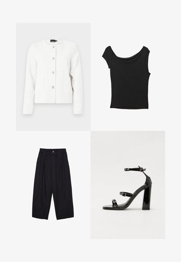 Hvid blazer med et struktureret stof, rund halsparti og forlommer. Har sølvknapper foran til lukning.; Sort kortærmet top lavet af glat stof; har en draperet halsudskæring og en asymmetrisk kant, med en tætsiddende pasform.; Sorte polyester culotte bukser med elastisk talje, to forpiber og en løs silhuet. Ingen synlige mønstre eller hardware detaljer.; Sorte patenterede hælsandaler med firkantet tå, ankelremme og sølvspænder. Har en chunky blokHæl for stabilitet.