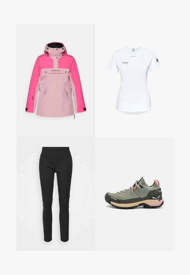Peak Performance ANORAK - Giacca da snowboard - bitter root/beetroot purple; Maglietta atletica bianca a maniche corte con colletto rotondo, dotata di un logo sul petto e una texture di tessuto liscia e leggera.; Leggings sportivi neri con una vita alta, texture liscia, dettaglio del logo e pannelli laterali per un maggiore interesse visivo.; Scarpa da trekking leggera verde con materiali in rete e gomma, suola antiscivolo nera, accenti rosa e arancioni e punta rinforzata.