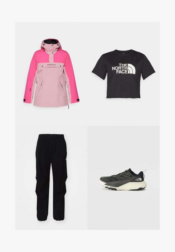 Peak Performance ANORAK - Veste de snowboard - bitter root/beetroot purple; T-shirt noir court en coton, avec un logo blanc avec des accents courbés et le texte "THE NORTH FACE" sur le devant. Manches courtes, col rond.; Pantalons d'extérieur noirs en matériau durable, avec une coupe décontractée, une taille élastique et des poignets resserrés pour une longueur ajustable.; Chaussure de sport noire avec une tige texturée, dotée d'accents gris et d'une semelle intermédiaire blanche. Comprend une languette et un logo de marque bien visible à l'arrière.