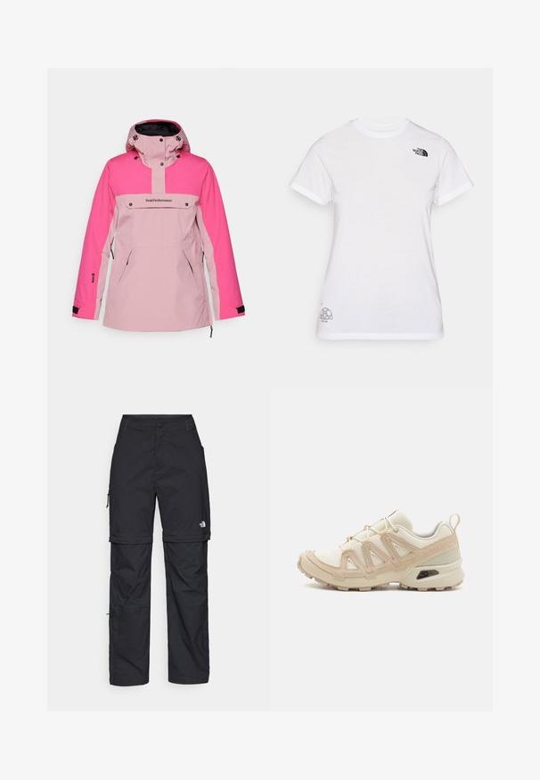 Peak Performance ANORAK - Jakna za daskanje na snijegu - bitter root/beetroot purple; Bijela pamučna majica s crnim logotipom na lijevoj strani prsnog koša i sivoj grafici na donjem desnom dijelu. Klasični okrugli izrez i kratki rukavi.; Crne najlon hlače s munjevim zatvaranjem, odvojive cargo hlače s podesivim manžetama, brojnim džepovima i logom na desnoj nozi. Glatka, lagana tekstura.; Bež i kremasti sportski tenisice s teksturiranim mrežastim gornjim dijelom, potpornih preklopa i gumeni potplat s uzorcima za prianjanje.