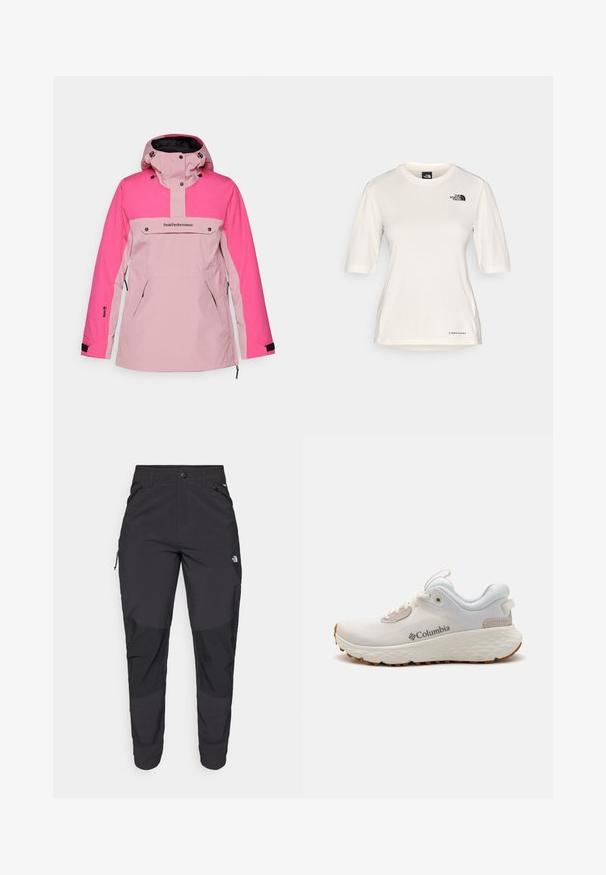 Peak Performance ANORAK - Snieglenčių striukė - bitter root/beetroot purple; The North Face SHADOW SHORT SLEEVE - Sportiniai marškinėliai trumpomis rankovėmis - white dune; Juodos lauko kelnės, pagamintos iš patvarios medžiagos. Turi užtraukiamas kišenes, sustiprintus kelio plotus ir tiesią konstrukciją, leidžiančią laisvai judėti.; Lengvas Columbia sportinis batelis balto tinklinio audinio su tekstūruota pilka padanga ir guma sukibimui. Yra paminkštinta apykaklė ir raištelių dizainas.