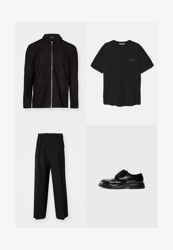 Jachetă neagră din suede cu guler, fermoar pe întreaga lungime și mâneci lungi. Oferă o textură suavă și un design minimalist.; Tricou din bumbac negru, cu guler rotund, mâneci scurte și un imprimeu alb cu logo pe partea stângă a pieptului. Design simplu, de culoare uniformă.; Pantaloni negri plisat cu un design drept și pantaloni largi. Construiți dintr-un material neted, prevăzuți cu închidere cu nasture și bucle pentru curea.; Pantof cu toc din piele neagră, cu vârf rotunjit, finisaj neted, design cu șireturi și toc stratificat. Stil minimalist fără logo-uri vizibile.