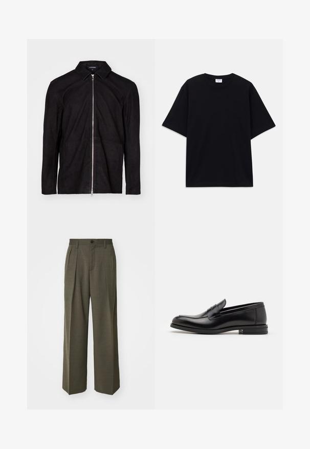 Μαύρο σουέντ μπουφάν με γιακά, φερμουάρ πλήρους μήκους και μακριά μανίκια. Διαθέτει λεία υφή και μινιμαλιστική σχεδίαση.; Μαύρο κοντομάνικο oversized T-shirt με στρογγυλή λαιμόκοψη και ορατή ετικέτα μάρκας Filippa K μέσα στον γιακά.; Filippa K WIDE TROUSERS - Παντελόνι - driftwood; Μαύρες δερμάτινες μπαλαρίνες με λεία υφή, στρογγυλή μύτη και διακοσμητική ταινία πάνω από το επάνω μέρος. Χαμηλός καπιτώνας, μινιμαλιστικός σχεδιασμός.