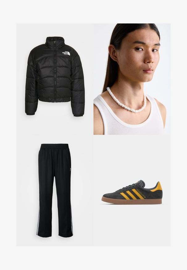 Casaco puffer preto com fecho zip, gola alta e punhos elásticos. Apresenta painéis cosidos e um logo no ombro esquerdo.; T-shirt de algodão preto com decote redondo, mangas curtas e uma pequena etiqueta colorida no lado esquerdo do peito com a palavra "SUPERIOR."; Calças atléticas pretas com um cós elástico, apresentando riscas brancas laterais e um pequeno logótipo. O material parece macio e leve.; Tenis em camurça preta com detalhes amarelos, apresentando três riscas e uma sola de borracha castanha. Inclui uma língua acolchoada para maior conforto.; Colar de conchas brancas composto por formas irregulares, usado sobre uma camisola justa branca. Textura suave com um brilho subtil, design justo.