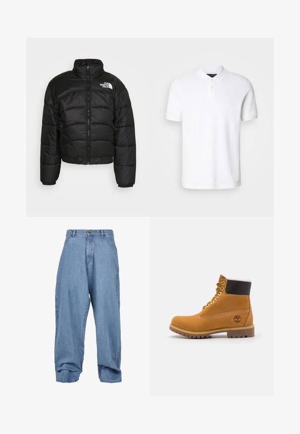 Svart pufferjacka med dragkedjestängning, hög krage och elastiska ärmmuddar. Har sydda paneler och en logotyp på vänster axel.; Vit pikétröja i bomull. Har en klassisk krage, treknapps knäppning och korta ärmar. Diskret logotyp broderad på bröstet.; Ljusblå denimbyxor med lös passform, knappstängning, framfickor och uppvikta benslut, med en klassisk femficksdesign.; Brun läderankelsko med metalöglor, vit pälsfoder, svart vadderad krage, robust sula och präglad logotyp på sidan.