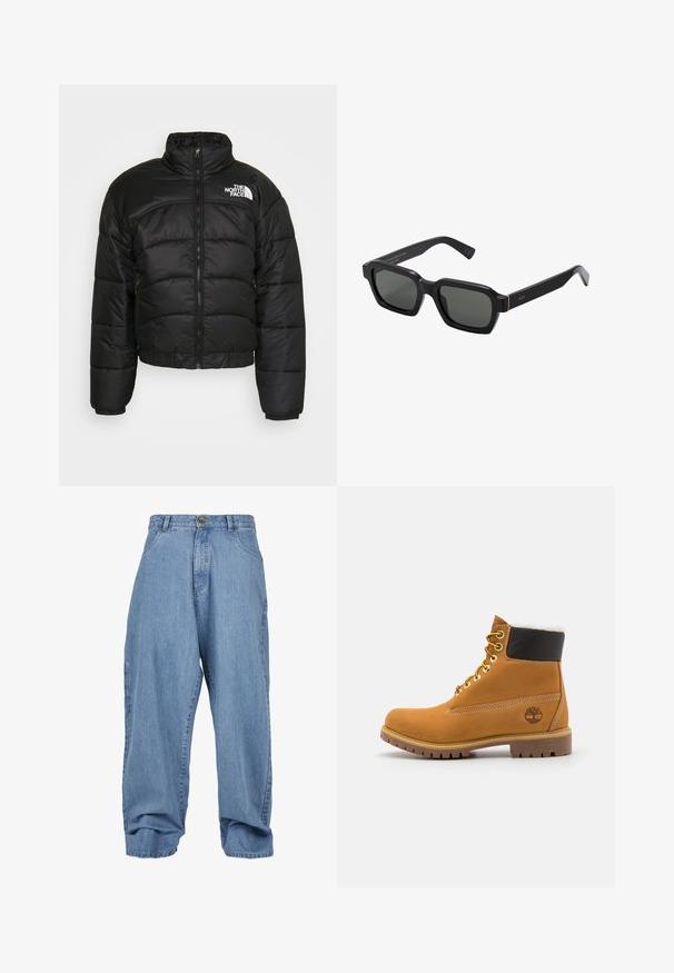 Fekete pufferszék kabát cipzárral, magas gallérral és elasztikus mandírokkal. Küllőt pastikázott panelek és logó található a bal vállon.; Fehér pólóing, pamutból készült. Klasszikus gallérral, három gombos nyakkal és rövid ujjakkal rendelkezik. Diszkrét logó hímzéssel a mellkasán.; Világoskék denim nadrág, laza fazonnal, gombos záródással, elülső zsebekkel és pohárkialakítással, klasszikus öt zsebes kialakítással.; Barna bőrből készült bokacsizma fém fűzőlyukakkal, fehér szőr béléssel, fekete párnázott gallérral, strapabíró talppal és dombornyomott logóval az oldalán.; Fekete, négyzet alakú napszemüveg szürke lencsékkel. Vastag műanyag keretek arany díszítéssel és márkázással a szárán. Sima felület.