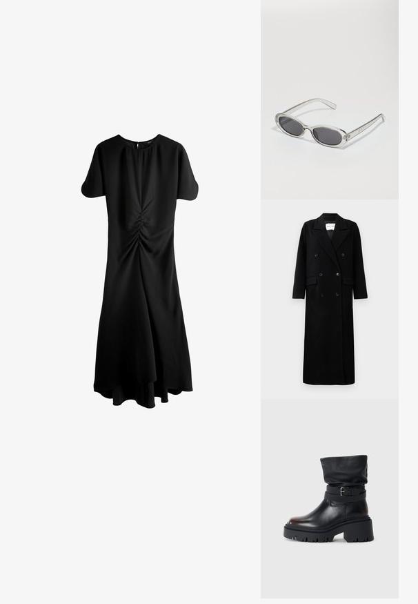 Mustmust vest, millekõlaga disain, suured nurgelised kraed, esiselt taskud ja kuus vaste nupud. Pikk, sirge lõige.; Must mustriga mustriga, lühikeste varrukatega, ümmarguse kaelusega ja taga lukuga. Omab kogutud detaile taljes ning laienevat hemline'i.; Mustmustest mustat, millel on venivad ülendid, klamberdetail ja paks, robustne talla. Omab ümarat künarnukki ja sileda tekstuuri.; Ovaalsed prillid, millel on selge plastraam, tumehallid läätsed ja õhukesed läbipaistvad sangad, kus on logode aktsendid ja minimaalne detailirohkus.; Must mustaga musta nahast, millel on kaks pikka kanda, sile tekstuur ja struktureeritud kuju. Esipoolsel on lisakoti jaoks tasku.