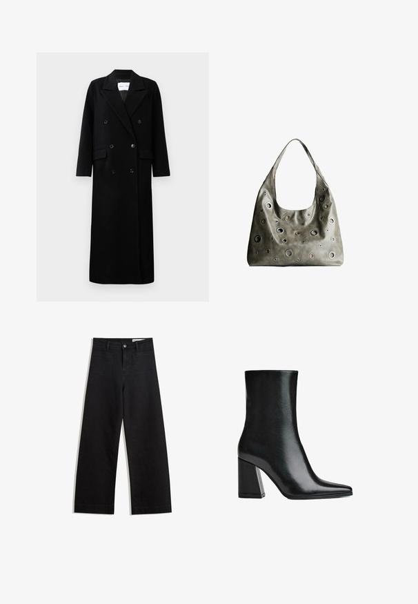 Mustat villakangastakki, jossa on kaksirivinen malli, suuret hammastetut kaulukset, etutaskut ja kuusi vastaavaa nappia. Pitkä, suora leikkaus.; Mustat pitkätuuliseset neulepaidat, joissa on toppaukset harteilla sekä ribbaus hihansuissa ja helmassa, esitetty valkoista taustaa vasten.; Mustat leveät farkut korkealla vyötäröllä, joissa on etu- ja takataskut, ommellut saumat ja nappisuljenta. Silkinoinen rakenne.; Mustat nahkasaappaat nilkkapituisena, joissa on teräväkärkinen muoto ja korkea neliön korko. Huoleton pinta, tyylikäs siluetti sekä tukevan pohjan muotoilu.; Oliivinvihreä nahkalaukku, jossa on rento muotoilu, ja jossa on erilaisia kokoisia pyöreitä läpivientejä sekä tummempia ja vaaleampia yksityiskohtia.