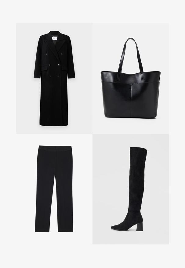 Juodas vilnonis paltas su dvigubu užsegimu, dideliais išpjovimais, priekinėmis kišenėmis ir šešiais suderintais mygtukais. Ilgas, tiesus kirpimas.; Juodas megztinis ilgomis rankovėmis, apvaliu iškirpimu ir sutrumpintu ilgiu. Pusėje yra sudėtinga sidabrinė gėlėta siuvinėjimas.; Juodos kelnės su tiesiu kirpimu, turinčios šonines kišenes ir lygią audinio tekstūrą. Minimaliai detalizuotos, švarus liemuo.; Juoda zomšinė kelio ilgio batai su blokuotu kulnu, smailiu nosiu ir lygiu, be siūlių dizainu ant paprastos šviesios fono.; Juoda odinė rankinė su dviem ilgais diržais, lygiu paviršiumi ir struktūrizuota forma. Yra priekinė kišenė papildomam saugojimui.