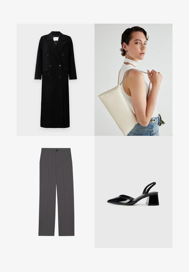 Black wool coat with a double-breasted design, large notched lapels, front pockets, and six matching buttons. Long, straight cut.; Two long-sleeved shirts: one black and one white. Both feature a crew neck, raglan sleeves, and a soft cotton blend fabric.; Grey trousers with a straight leg design, featuring two side pockets and a button closure. Smooth fabric with no visible patterns or accents.; Black patent leather slingback heels with a pointed toe and a geometric block heel. Features a sleek, minimal design and smooth texture.; White rectangular clutch bag made of glossy material, featuring a silver chain strap. Model poses, showcasing the bag against a plain background.