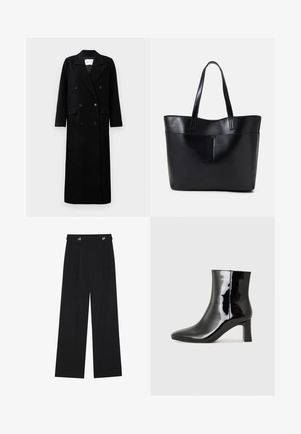 Black wool coat with a double-breasted design, large notched lapels, front pockets, and six matching buttons. Long, straight cut.; Two black long-sleeve shirts with a V-neck design, made of soft, stretchy fabric, showing smooth texture and a fitted shape.; Black wide-leg trousers with high waist, button details on waistband, and front pleats.; Black patent leather ankle boot with a pointed toe and a mid-height block heel. Smooth texture and minimalist design.; Black leather tote bag with two long handles, a smooth texture, and a structured shape. Features a front pocket for additional storage.