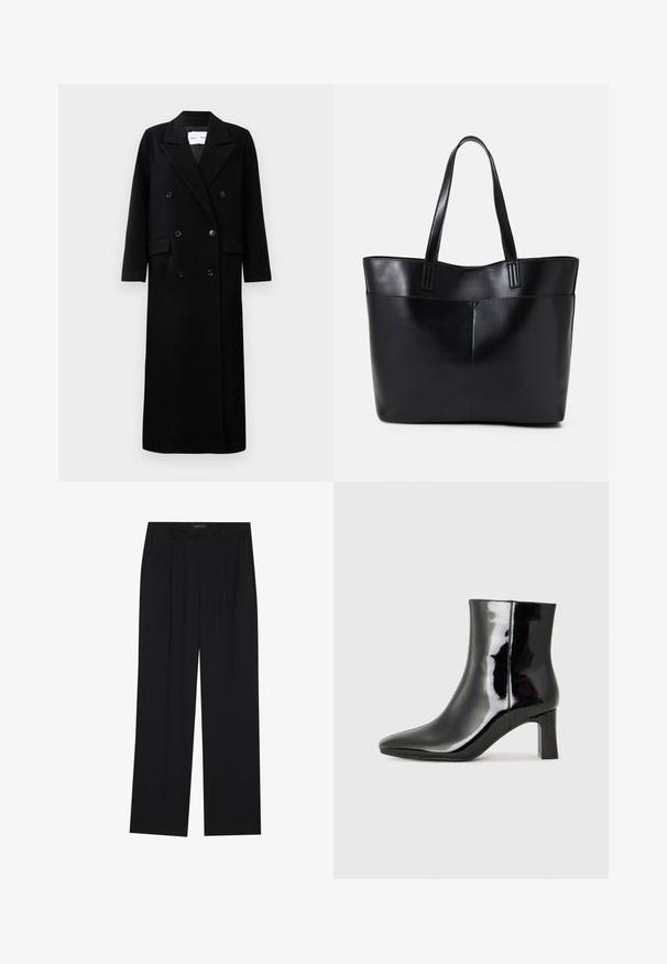 Čierny vlnený kabát s dvojradovým zapínaním, veľkými klopami, prednými vreckami a šiestimi zladenými gombíkmi. Dlhý, rovný strih.; Čierny top s dlhými rukávmi, flitrovanými manžetami, mäkkou textúrou a voľným strihom, s jednoduchým okrúhlym výstrihom.; Čierne nohavice so strihom rovného nohu, s dvoma prednými vreckami a pásom. Vyrobené z hladkej, ľahkej textílie.; Čierne lakované členkové topánky s špicatou špičkou a stredne vysokým blokovým podpätkom. Hladká textúra a minimalistický dizajn.; Čierna kožená tote taška s dvoma dlhými rúčkami, hladkým povrchom a štruktúrovaným tvarom. Obsahuje prednú kapsu pre dodatočné uskladnenie.