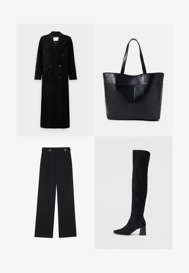 Casaco de lã preto com um design de duplo botão, grandes lapelas recortadas, bolsos frontais e seis botões combinando. Corte longo e reto.; Top preto de mangas longas com punhos largos, textura suave e um corte descontraído, com um simples decote redondo.; Calças largas pretas com cintura alta, detalhes em botão na cintura e pregas frontais.; Bota de camurça preta até ao joelho com salto bloco, bico fino e design suave e sem costuras sobre um fundo claro.; Bolsa tote preta em couro com duas alças longas, textura suave e forma estruturada. Apresenta um bolso frontal para armazenamento adicional.