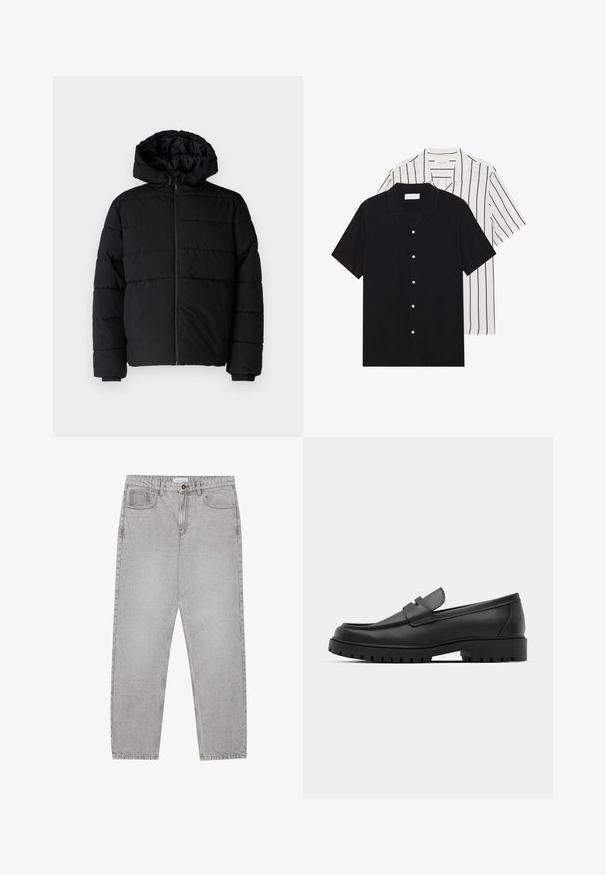 Chaqueta acolchada negra con cremallera frontal, capucha y diseño acolchado horizontal. Fabricada con un tejido suave y duradero con puños acanalados.; Dos camisetas de manga corta: una de color negro sólido y otra blanca con rayas verticales negras. Ambas tienen cierre de botones y un cuello clásico.; Pantalones de mezclilla gris claro con un diseño de pierna recta, estilo de cinco bolsillos y cierre de botón. Costuras visibles a lo largo de las costuras.; Mocasines de cuero negro con punta redonda, que cuentan con un diseño cosido, suela de plataforma baja y una suela de goma texturada y con tacos.