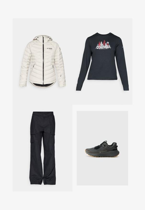 Columbia ROARING FORK™ JACKET - Veste de ski - dark stone; Chemise à manches longues gris foncé avec un motif d'arbres rouges et de montagnes ; logo "COLUMBIA" en lettres blanches en gras. Tissu doux, col rond standard.; Columbia BREA FALLS™ COTTON RIPSTOP PANT - Pantalons outdoor - black; Columbia TERRASTRIDE CRZ - Chaussures de marche - shark/black