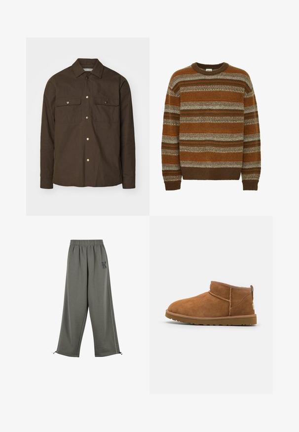 Jachetă din bumbac maro, cu guler ascuțit, închidere cu butoane și două buzunare pe piept. Prezintă butoane cu efect auriu și mâneci lungi.; Solid SDMAXWELL - Pulover - slate black; Karl Kani KK OS SIDESTRIPE - Pantaloni - grey; Botină antrenașă din suede bej, cu vârf rotund, detalii subtile de cusătură și o talpă din cauciuc texturată. Înălțime scurtă fără șireturi.