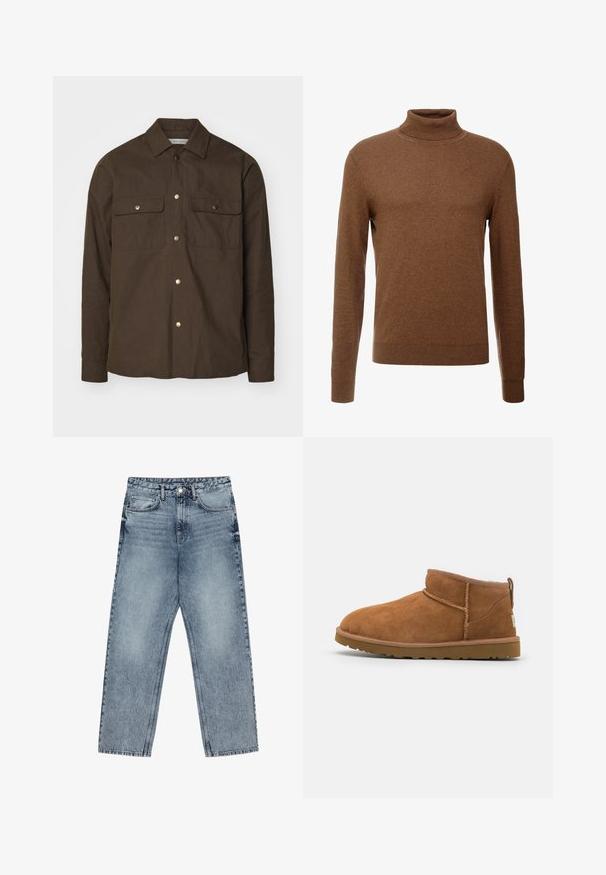 Camisa jaqueta de algodão castanho com colarinho pontudo, frente com botões e dois bolsos no peito. Apresenta botões de pressão em tom dourado e mangas longas.; Suéter castanho de gola alta feito de um tecido suave, com mangas compridas, punhoscanalados e um design justo sem padrões visíveis.; Deve azul claro com corte reto, costura visível, design de cinco bolsos e fecho de botão na cintura.; Botim de tornozelo em camurça castanha com biqueira arredondada, detalhes de costura subtil e sola de borracha texturizada. Altura curta sem atacadores.