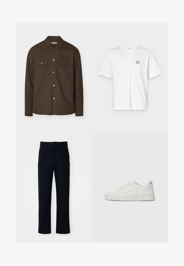 Brun bomullsskjortejakke med spiss krage, knappelukking foran og to brystlommer. Har gullfargede trykknapper og lange ermer.; Hvit T-skjorte laget av bomull, med korte ermer, rund hals og en liten grå logo på venstre brystområde. Smooth tekstur.; Navyblå bukser laget av bomull, med rett ben-design, frontlukking med knapp og klassisk midje med beltehanker.; Hvite lærersneakers med en jevn overflate, rund tå, flate lisser og en teksturert såle. Har en subtil logo på hælen.