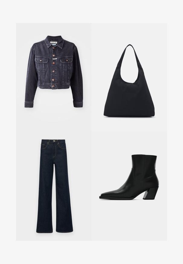 Cropped black denim jacket with a button-up front, two chest pockets, and contrasting stitching. Features a classic collar and durable fabric.; White cable-knit turtleneck sweater with a cropped silhouette, featuring ribbed cuffs and hem. Soft texture with a cozy, chunky design.; Dark blue wide-leg denim jeans with front pockets, belt loops, and a button closure.; Black leather ankle boot with a pointed toe, a sleek silhouette, and a chunky square heel. Smooth texture with minimal stitching details.; Black fabric bag with a single, wide shoulder strap. Soft, semi-structured shape and smooth texture; minimal design, without visible hardware.