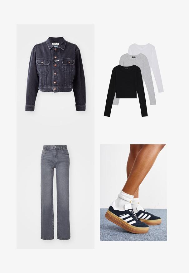 Zkrácená černá džínová bunda s knoflíkovým zapínáním, dvěma náprsními kapsami a kontrastním prošíváním. Disponuje klasickým límcem a odolnou tkaninou.; Tři trička s dlouhým rukávem naskládaná na sobě: černé, šedé a bílé. Každé má kulatý výstřih a kratší střih z hladkého, lehkého materiálu.; Šedé široké džíny vyrobené z džínoviny s hladkou texturou, s knoflíkovým a zipovým zapínáním a pěti kapsami.; Černé semišové tenisky s bílými pruhy a detaily, zaoblenou špičkou, podrážkou z gumy barvy žvýkačky, doplněné bílými žebrovanými ponožkami ke kotníkům.