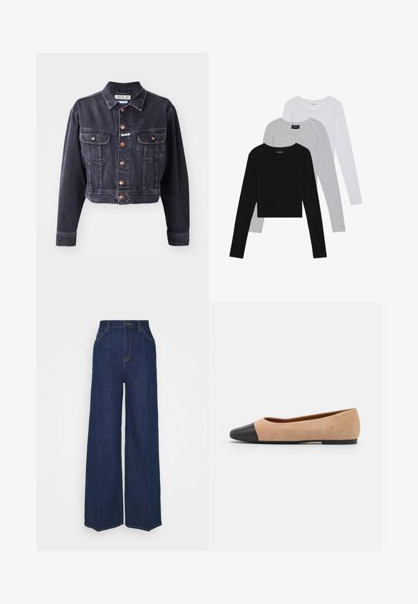 Lühendatud must denimjakki nööpidega ees, kaks rinna taskut ja kontrastõmblused. Omab klassikalist kraed ja vastupidavat kangast.; Kolm pikkade varrukatega toppi, mis on üksteise peale asetatud: must, hall ja valge. Igal ühel on ümar kaelus ja lühike disain, valmistatud siledast, kergekaalulisest kangast.; Kõrge vöökohaga laiad tumesinised teksapüksid, millel on ees- ja tagataskud, nööpide sulgemine ning nähtavad õmblusdetailid.; Beežist nubukist balletkingad musta nahast ümara ninaotsaga, madala kanna ja siledaga, millel on minimaalne õmblus ja lihtne disain.