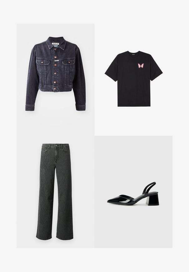 Skrajna črna kavbojka jakna z gumbasto sprednjo zaporo, dvema žepoma na prsih in kontrastnim šivom. Ima klasičen ovratnik in trpežno tkanino.; Črna bombažna majica s kratkimi rokavi, ki ima majhen roza metuljček na levi strani prsnega dela. Majica s krožnim ovratnikom in sproščenim krojem.; Široke hlače iz temnega sivega denima, z diskretno teksturo zebri, kontrastnim šivanjem in petimi žepi ter z gumbom za zapiranje.; Črne lakirane slingback pete s koničastim nosom in geometrijsko blokasto peto. Imajo eleganten, minimalističen dizajn in gladko teksturo.