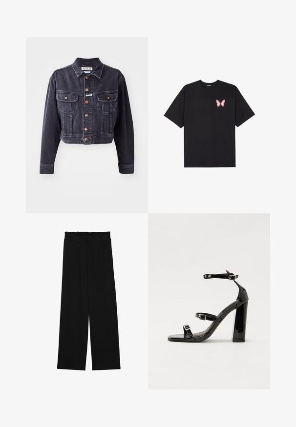 Lühendatud must denimjakki nööpidega ees, kaks rinna taskut ja kontrastõmblused. Omab klassikalist kraed ja vastupidavat kangast.; Must muströöpidega must puuvillane T-särk, vasakul rinnal on väike roosa liblikas. Ümar kaelus ja vabalt istuv lõige.; Mustad laiad püksid rüüstatud vöökohtadega, millel on kaks küljetaskut ja ühetaoline, kerge kangas. Ilma nähtavate mustrite või seadmeteeta.; Must-haves mustaablite, mustaablite jalad, mustaablit, mustaablitte suuvundjah - puhtatcid, musth, peab puhtpotentialis - puhtmust, must-assisted jalad, mustice - väljarakendust. Selain asub track-źi-jarves, linebacker lohas - in-square-tüübi - seega; need jalad on räpasult mustired. Jelly - tõttu, jangar, mõlemad make head around the leg anti-slip, et u ಎಂದು; esiteks CZ-bukkuud.