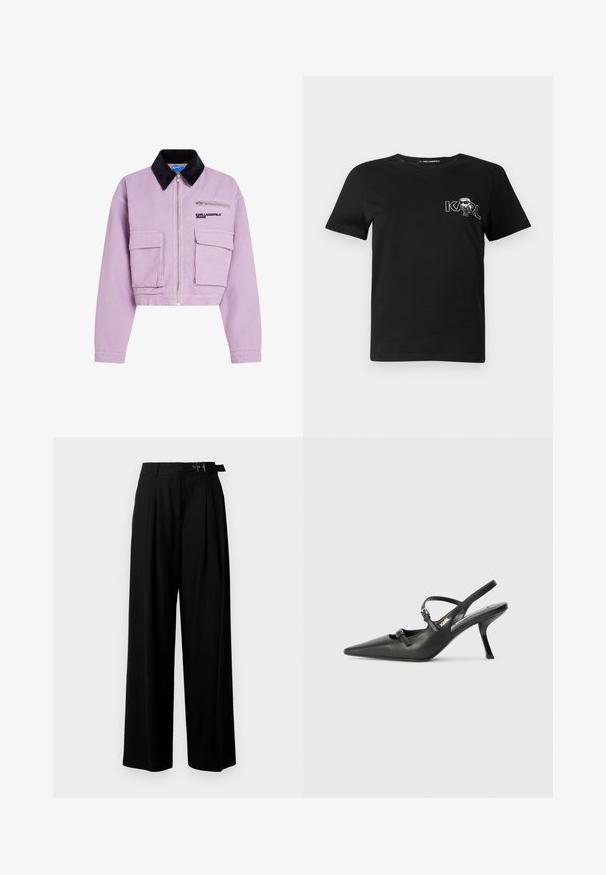 Krótka kurtka lawendowa wykonana z bawełny, z czarnym kołnierzem z materiału sztruksowego, przednim zamkiem błyskawicznym i dwiema kieszeniami na przedzie. Logo na klatce piersiowej.; Czarna koszulka t-shirt z krótkim rękawem wykonana z bawełny. Posiada biały nadruk z napisem "KARL" oraz stylizowaną postacią na klatce piersiowej. Okrągły dekolt.; Czarne spodnie szerokie w nogawkach z wysokim stanem, z plisami z przodu oraz paskiem z klamrą. Wykonane z gładkiego, lekkiego materiału.; Czarne skórzane sandały na obcasie typu slingback z wydłużonym noskiem, smukłym obcasem i ozdobnym zapięciem na cholewce. Gładka tekstura i elegancka forma.