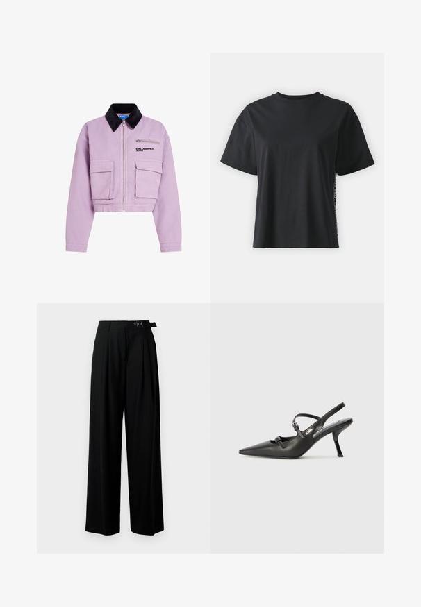 Skraćena lavanda jakna od pamuka s crnom kašmir kragnom, prednjim zatvaračem i dva prednja džepa. Logo na prsima.; Crna pamučna majica kratkih rukava s opuštenim krojem i kontrastnim bočnim panelom koji sadrži sitan tekst i detalje dizajna.; Crne široke hlače s visokim strukom, nabranima sprijeda i remenom s kopčom. Izrađene od glatkog, laganog materijala.; Crne kožne štikle sa otvorenom petom, s uskim vrhom i dekorativnom kopčom na gornjem dijelu. Glatka tekstura i elegantan dizajn.