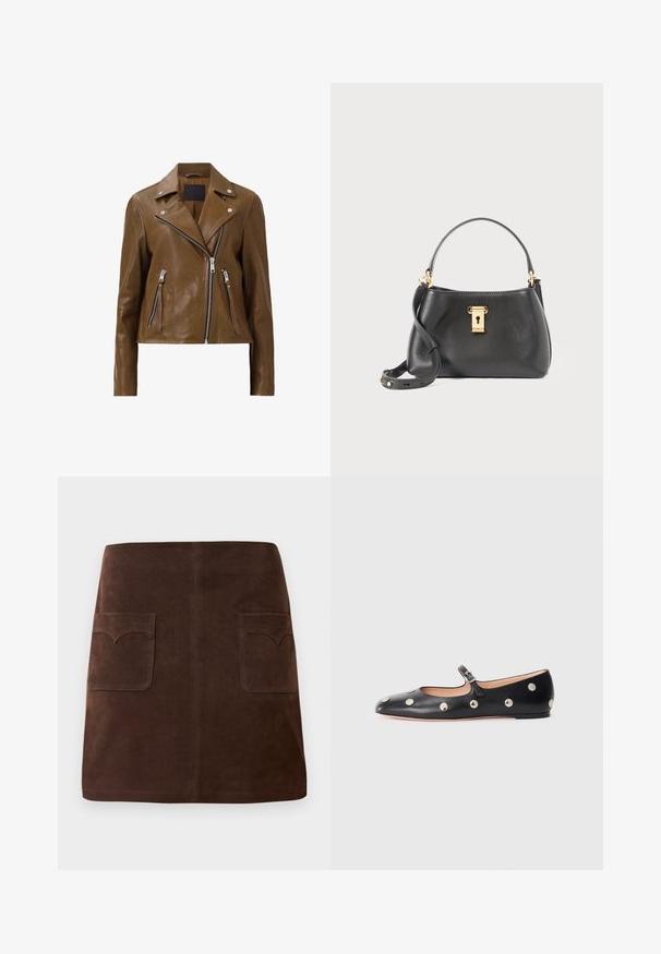 Brązowa skórzana kurtka motocyklowa z srebrnymi zamkami błyskawicznymi, zatrzaskowym kołnierzem i dwiema zasuwanymi kieszeniami z przodu. Gładka faktura i krótki fason.; Kremowy sweter z warkoczowym splotem, z kołnierzykiem, czterema guzikami, ściągaczami przy mankietach i małą naszywką z logo na dolnym brzegu.; Brązowa zamszowa spódnica w klasycznym kształcie A, z dwiema przednimi kieszeniami z zaokrąglonymi klapami i subtelnymi detalami szewnymi.; Czarne skórzane buty typu Mary Jane na płaskim obcasie z zaokrąglonym czubkiem, ozdobione srebrnymi okrągłymi ćwiekami oraz regulowanym paskiem z klamrą.; Czarna skórzana torebka o teksturowanym wykończeniu, z zamknięciem na złoty zamek, krótkim uchwytem i odczepianym paskiem na ramię.