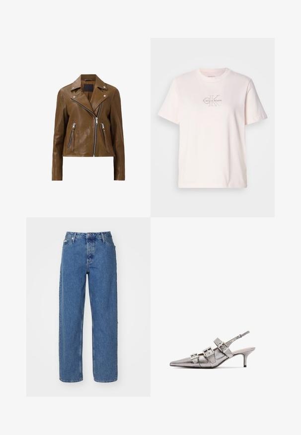 Pruun nahast mootorrattajope, millel on hõbedased tõmblukud, nööbiga krae ja kaks tõmblukuga esi-taskut. Sile tekstuur ja lühike disain.; Heledat roosa puuvillane t-särk ümmarguse kaelusega, millel on hõbedane tikandiga "Calvin Klein" logo ja diskreetne "CK" kujundus rinnal.; Heledad sinine teksad, kõrge vöökohaga, sirge jala disainiga, viie taskuga stiil ja veidi pleekinud tekstuur. Nööp ja rihm sulgemiseks.; Metallise hõbedane slingback konts, millel on terav nina, kolmes laiast rihmast ja ruudukujulistest metallist pandlatest. Läikiv pind ja õhuke konts.