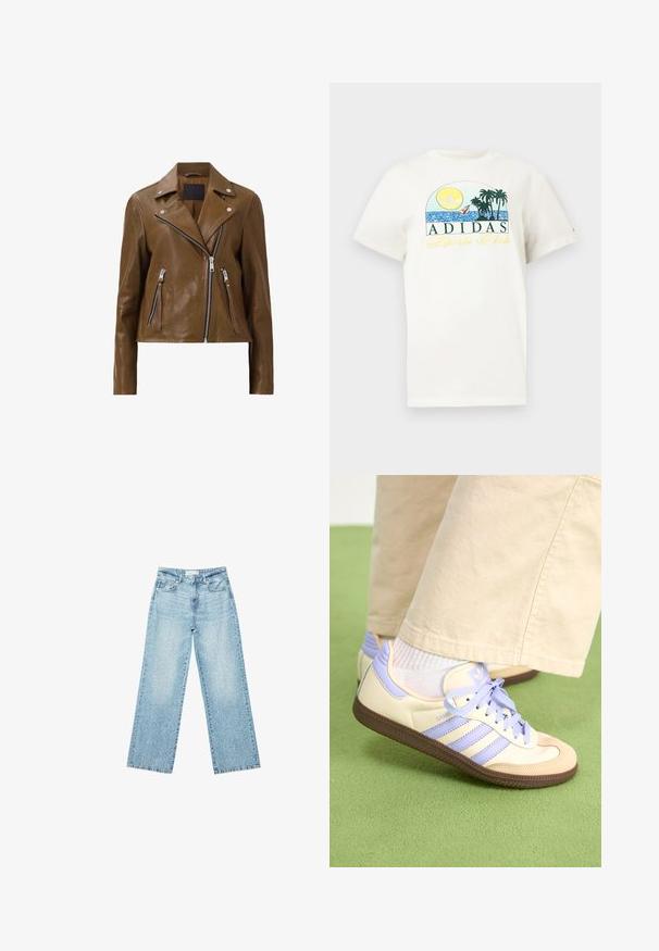 Ruskeaharma nahkamoottoripyörätakki, jossa on hopeiset vetoketjut, napituskaulus ja kaksi vetoketjullista etutaskua. Silkinpehmeä pinta ja lyhyt malli.; Valkoinen puuvillapaita, jossa on graafinen kuvitus auringosta, palmupuista ja vedestä. Teksti "ADIDAS Sports Club" painettuna vihreällä ja keltaisella.; Vaaleansiniset leveälahkeiset farkut korkealla vyötäröllä, joissa on haalistunut pesu ja pieniä, satunnaisia kulumisia ympäriinsä.; Kermasilta ja laventelilta näyttävät lenkkarit kolmella raidalla ja teksturoidulla ruskealla pohjalla, varustettuna nauhoilla ja pehmustetulla kantapäällä. Pehmeä kangaspinta.