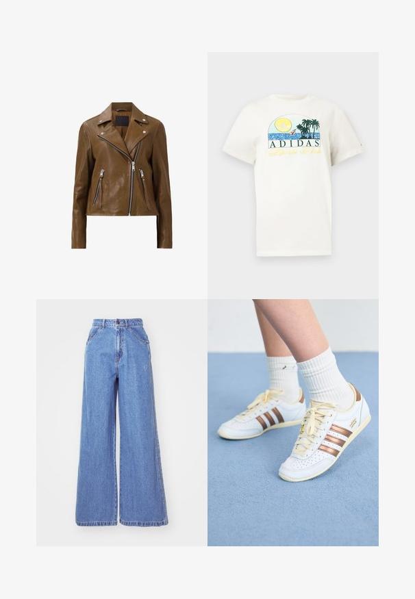 Brun læder motorcykeljakke med sølvfarvede lynlåse, trykknap krave og to lynlåslommer foran. Glat tekstur og cropped design.; Hvid bomulds t-shirt med et grafisk design af en sol, palmer og vand. "ADIDAS Sports Club" trykt i grøn og gul.; adidas Originals Jeans Straight Leg - light denim; Hvide sneakers med bronze striber, tekstureret læder, gule snørebånd og perforerede detaljer. Båret med hvide ribbede sokker på en blød blå overflade.