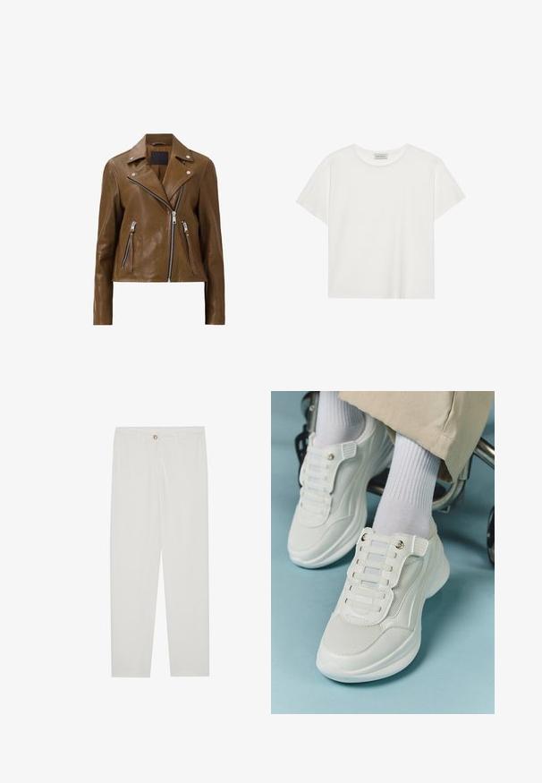 Casaco de motociclista de pele castanha com fechos de correr prateados, colarinho de botão e duas bolsos frontais com fechos de correr. Textura suave e design cropped.; T-shirt branca de manga curta feita de algodão macio. Apresenta um decote redondo e um corte descontraído. Design limpo sem padrões ou detalhes visíveis.; Calças brancas, ajustadas, com um design de perna reta, apresentando um fecho de botão, passantes para cinto e bolsos laterais; textura de tecido suave.; Tênis brancos com material em rede, sola de borracha, design sem atacadores com faixas elásticas e detalhes em tom dourado.
