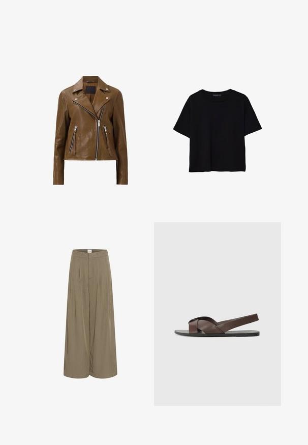 Smeđa kožna motociklistička jakna sa srebrnim patentnim zatvaračima, preklopom na ovratniku i dva prednja džepa sa patentnim zatvaračem. Glatka tekstura i skraćeni dizajn.; Crna majica kratkih rukava od pamuka. Ima okrugli izrez i labav kroj s glatkom, jednoličnom teksturom. Nema vidljivih uzoraka ili akcenta.; Hlače širokih nogavica od svijetlosmeđeg materijala; imaju plise, krojeni pojas i glatku teksturu. Nema vidljivih džepova ili ukrasa.; Smeđe kožne sandale s dizajnom križne trake, ravnim crnim đonom i podesivom stražnjom trakom. Glatka tekstura i minimalni detalji hardvera.