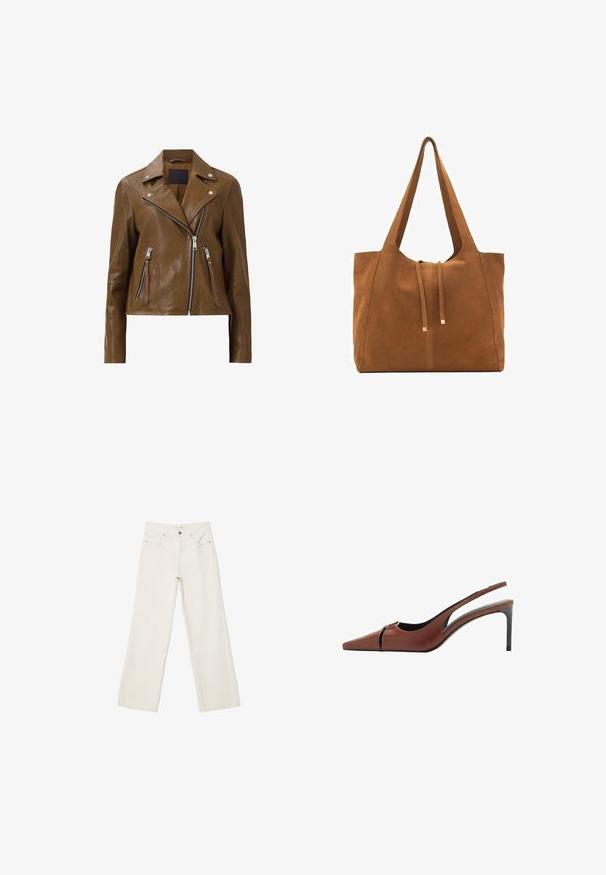 Braune Leder-Motorradjacke mit silbernen Reißverschlüssen, Druckknopfkragen und zwei Reißverschluss-Fronttaschen. Glatte Textur und kurze Passform.; Weißes T-Shirt mit kurzen Ärmeln aus Baumwolle. Hat einen Rundhalsausschnitt und eine lockere Passform. Glatte Textur ohne sichtbare Muster oder Akzente.; Weiße lässige Jeans aus Denim mit hochgeschnittenem Bund, Fronttaschen und Knopfverschluss. Schlichtes Design mit minimalen Akzenten.; Braune Leder Slingback-Pumps mit spitzer Zehe, Ausschnittdetail am Vorderblatt und elegantem Stiletto-Absatz. Glatte Textur.; Braune Wildleder-Tasche mit zwei langen Trägern, Zugverschluss und minimalistischem Design. Glatte Textur und keine sichtbaren Hardware-Details.