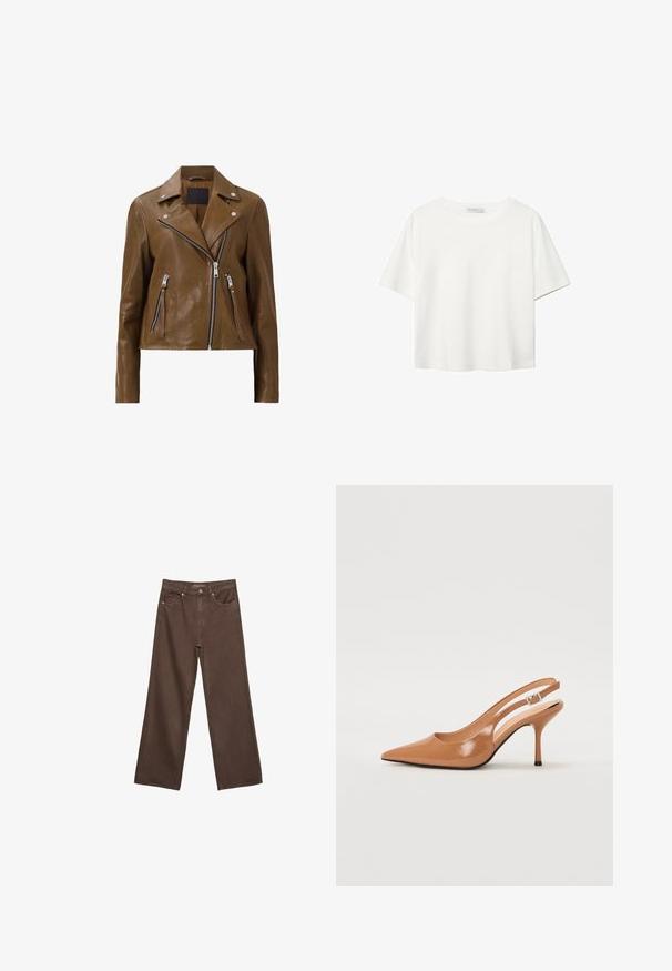 Giacca da moto in pelle marrone con cerniere argentate, colletto a pressione e due tasche frontali con cerniera. Texture liscia e design corto.; T-shirt bianco a maniche corte realizzato in cotone. Presenta un collo tondo e una vestibilità rilassata. Texture liscia senza motivi o dettagli visibili.; Jeans a gamba larga marroni in denim, con vita alta, tasche anteriori e chiusura a bottone classica. Tessuto liscio con cuciture sottili.; Tacco slingback a punta affusolata in un materiale tan liscio e lucido. Presenta un design con ritaglio curvo e un sottile tacco a stiletto. Dettaglio con fibbia argentata.