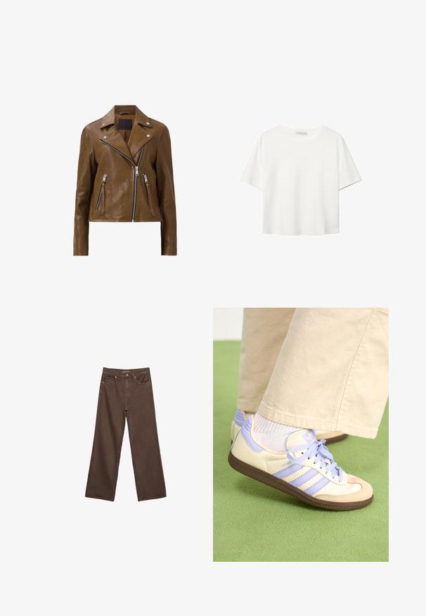 Brun læder motorcykeljakke med sølvfarvede lynlåse, trykknap krave og to lynlåslommer foran. Glat tekstur og cropped design.; Hvid kortærmet t-shirt lavet af bomuld. Har en rund halsudskæring og en afslappet pasform. Glat tekstur uden synlige mønstre eller detaljer.; Bredde ben brun denim jeans med høj talje, forlommer og klassisk knaplukning. Glat tekstur med diskret syninger.; Creme og lavendel sneakers med tre striber og en tekstureret brun sål, der har snørebånd og en polstret hæl. Blødt stof øvre.