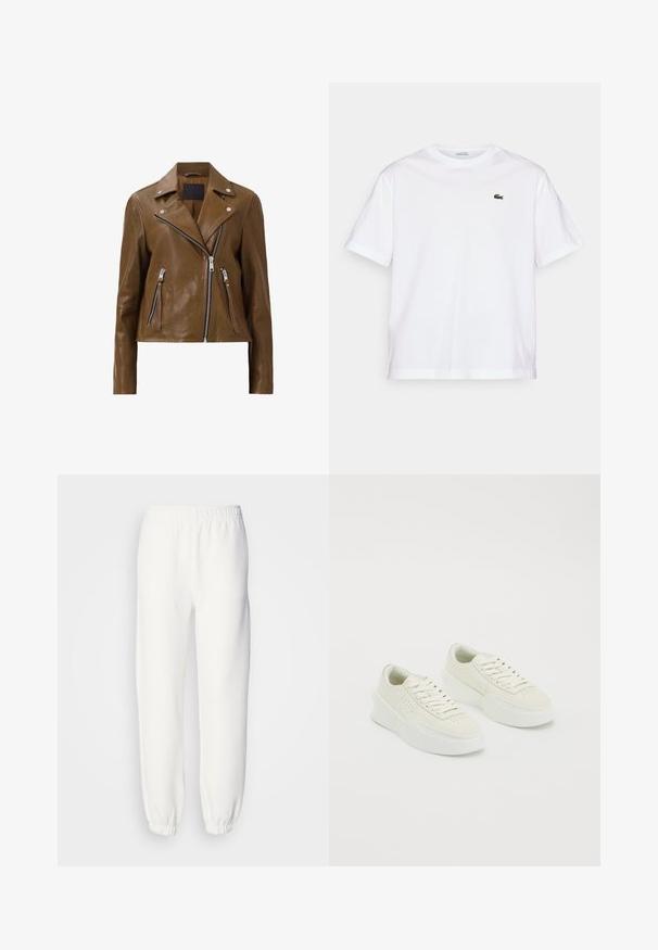 Veste de moto en cuir marron avec des zips en métal argenté, un col à pression et deux poches frontales zippées. Texture lisse et design court.; T-shirt en coton blanc avec un col rond et des manches courtes. Présente un logo brodé vert sur la poitrine. Texture douce, coupe décontractée.; Pantalon de survêtement blanc en tissu tricoté doux. La taille et les poignets élastiques assurent une coupe décontractée. Design minimaliste, sans motifs ni accents visibles.; Baskets basses blanches avec des semelles épaisses et des lacets, dotées de perforations sur les côtés et la zone des orteils, présentées sur un fond blanc.