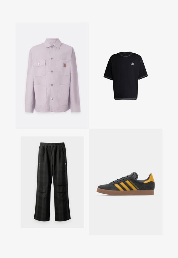 Light purple work jacket made of durable fabric, featuring a collared neck, two front pockets, snap buttons, and a logo patch on the left pocket.; Black cotton t-shirt with short sleeves. Features a round neck and white stitching accents. Small white Adidas logo on the left chest.; Black plaid pants featuring an elastic waistband, two front pockets, and a loose fit with a straight leg design. Made from lightweight material.; Black suede sneaker with yellow accents, featuring three stripes and a brown rubber sole. Includes a padded tongue for comfort.