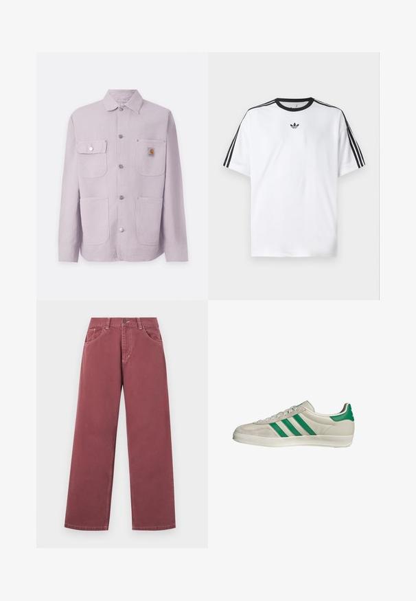 Helllila Arbeitsjacke aus strapazierfähigem Material mit Kragen, zwei Fronttaschen, Druckknöpfen und einem Logopatch auf der linken Tasche.; Weißes T-Shirt aus Baumwolle mit einem schwarzen, runden Halsausschnitt und drei schwarzen Streifen auf jeder Schulter. Kleines schwarzes Logo auf der Brust.; Weit geschnittene, burgunderfarbene Jeans aus Baumwolle mit glatter Textur, ausgestattet mit Vordertaschen, Gürtelschlaufen und einem einzelnen Knopfverschluss.; Beige Sneaker mit grünen Streifen, ausgestattet mit einer weißen Sohle und einem Obermaterial aus glattem Leder. Seitenansicht, die die Schnürdetails und das Logo hervorhebt.