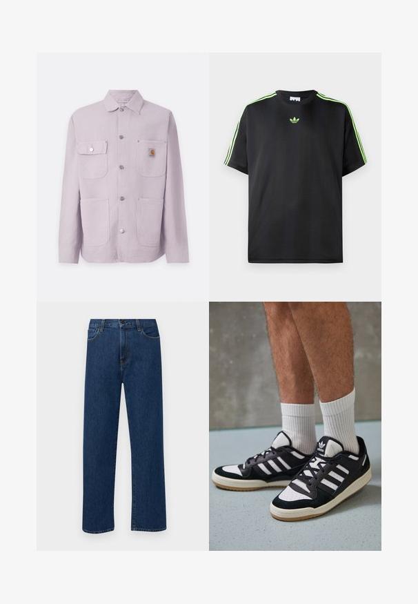 Světle fialová pracovní bunda vyrobená z odolného materiálu, s límcem, dvěma předními kapsami, druky a logem na levé kapse.; Černé tričko vyrobené z hladké tkaniny s kulatým výstřihem, s třemi zelenými pruhy na ramenou a malým zeleným logem na hrudi.; Tmavě modré džíny s rovnými nohavicemi, předními kapsami a zapínáním na knoflík, vystavené na jednoduchém bílém pozadí.; Černobílé tenisky s vrchní částí z semišové a kožené kůže, včetně tří bílých pruhů, perforovaného špičky a podrážky z gumy.