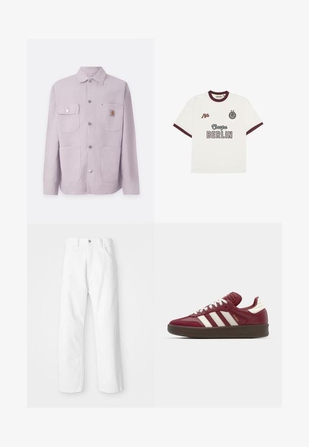 Lyslilla arbejdsjakke lavet af holdbart stof, med kraveskærm, to forlommer, trykknapper og et logo-patch på venstre lomme.; Hvid kortærmet T-shirt med burgunderrød kant, "Escape BERLIN" tekst i midten foran, "Mitte" på venstre bryst og cirkulært emblem med to stjerner på højre bryst.; Hvide denimbukser med lige ben-design, der har en frontknap og lynlås lukning, fem lommer og en ren, tekstureret overflade.; adidas Originals SAMBA XLG UNISEX - Sneakers - noble maroon/core white