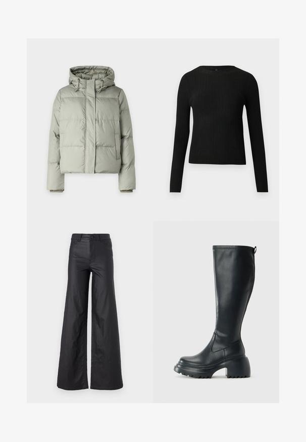 Lys grøn pufferjakke med hætte, der har en cropped design, syede paneler og elastiske cuff.; Sort ribbet langærmet tætsiddende sweater med rund halsudskæring, præsenteret på en ensfarvet lys baggrund.; Sorte, vidde bukser i et materiale der ligner læder. Har høj talje, bæltestropper, to forlommer og stiksyninger.; Høj sort læderstøvle med kraftig platformssål og blokhæl, med trækstrop og tekstureret sål.