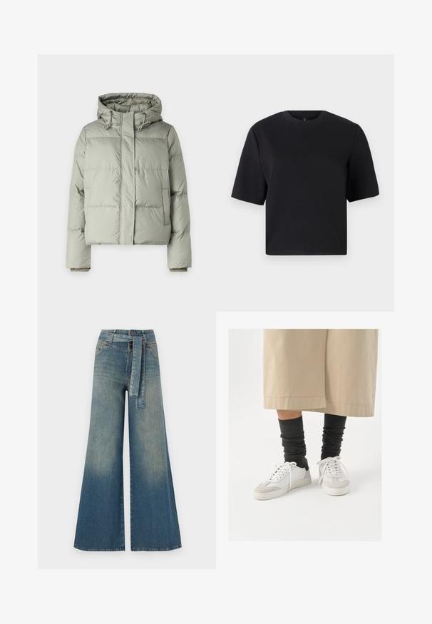 Light green puffer jacket with a hood, featuring a cropped design, stitched panels, and elastic cuffs. Includes drawstring at the neckline.; Black short-sleeve t-shirt, round neckline, made from smooth cotton fabric; relaxed fit, minimal design, no visible patterns or accents.; Wide-leg denim trousers featuring a light to dark blue gradient, high waist, belt loops, and a matching fabric belt. Textured denim finish.; White and gray sneakers with a black heel accent, featuring a smooth leather upper and textured suede toe. Worn with dark gray slouchy socks.