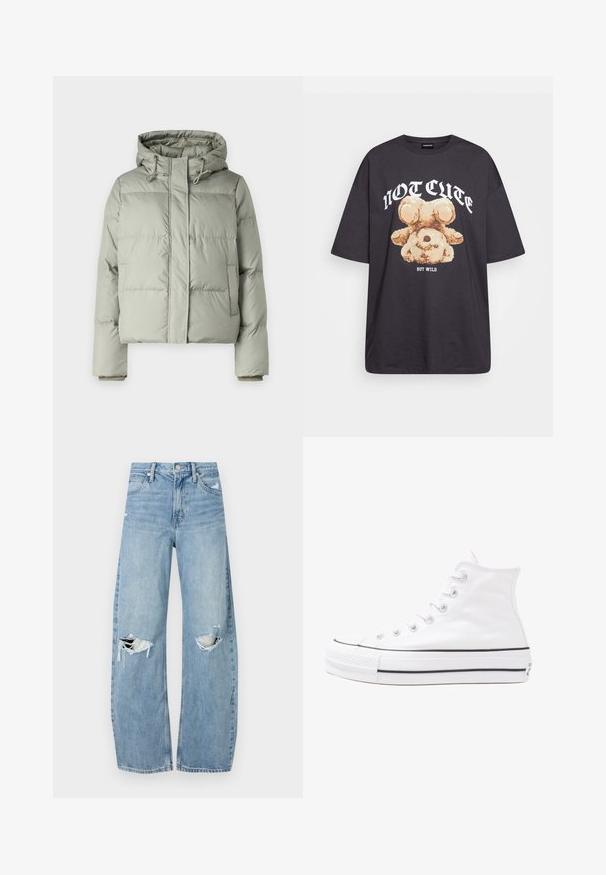 Lys grønn pufferjakke med hette, med en cropped design, syede paneler og elastiske mansjetter. Inkluderer snor i halsen.; Svart oversized t-skjorte med en grafikk av en bjørn og teksten "IKKE SØT, MEN VILL" i fet, hvit skrift. Laget av bomull.; Lyseblå høytlivsjeans laget av denim. Har vide bein, to revne knær og klassisk fem-lommers design.; Hvit høy-skinn kanvas sneakers med svart gummisåle, gummitåhette foran og seks hull for snorer, med et rent, minimalistisk design.