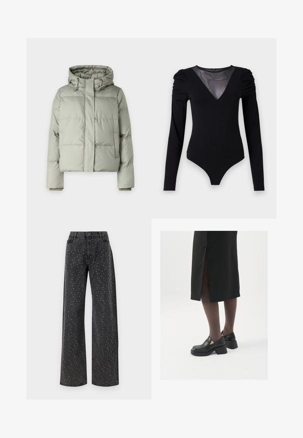 Ljusgrön pufferjacka med huva, med en cropped design, sydda paneler och elastiska ärmmuddar. Inkluderar dragsko vid halslinjen.; Svart bodysuit med långa ärmar, med en mesh V-ringning och skräddarsydd axeldetalj. Slät tyg med en kroppsnära passform.; Noisy May NMJANNEL LOOSE - Jeans relaxed fit - black denim; Svarta läderskor med rund tå, tjock klack utan häl och elastiska sidodetaljer, kombinerat med mörka strumpbyxor och en svart kjol med slits.