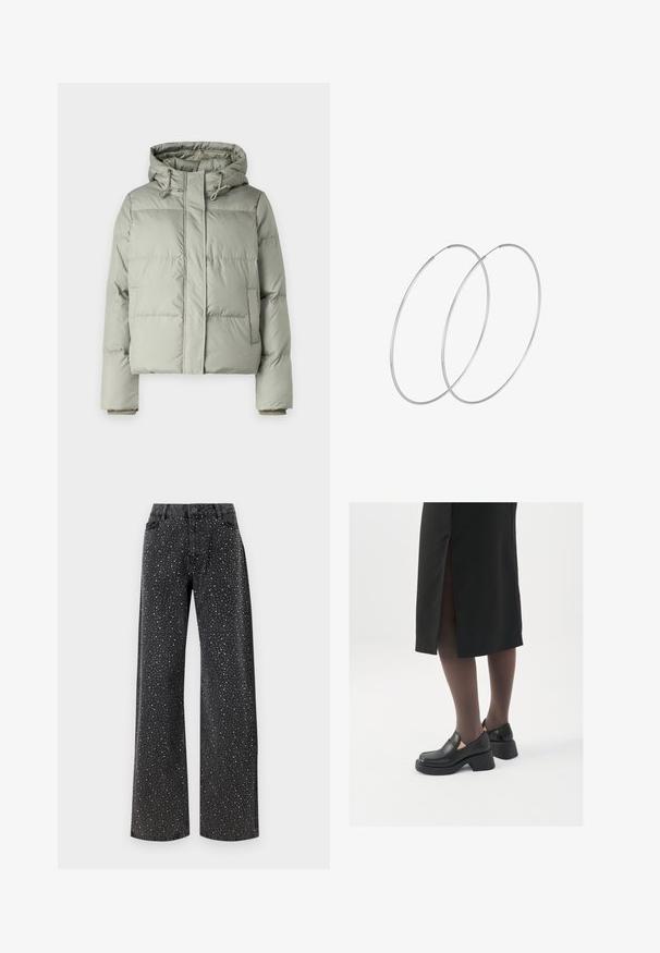 Šviesiai žalias pūkinis švarkas su gobtuvu, turintis sutrumpintą dizainą, siuvinėtus skyrius ir elastines rankoves. Su raišteliu ties kaklu.; Juodas bodis su ilgomis rankovėmis, turintis tinklinį V formos iškirpimą ir sutrauktą peties detalę. Lygus audinys su prigludusia forma.; Noisy May NMJANNEL LOOSE - Laisvo kirpimo džinsai - black denim; Juodos odinės bateliai su apvaliu nosiu, stora blokine pakulne ir elastingais šonais, derinami su tamsiomis pėdkelnėmis ir juoda sijonu su plyšiu.; Sidabrinės pusmėnulio auskarai minimalistiniu dizainu. Apskritimo forma, lygus paviršius ir plonas profilis. Lengvi su poliruotu apdailu.