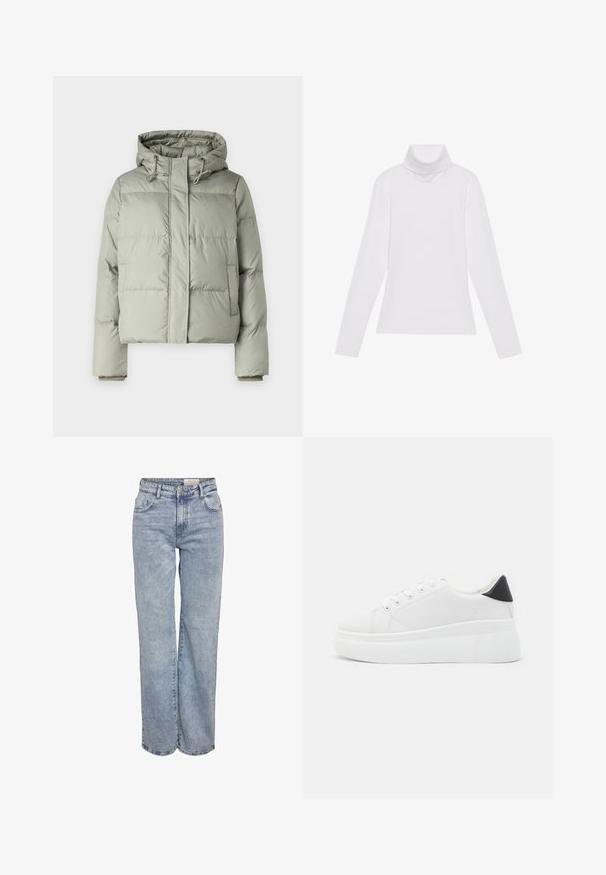Light green puffer jacket with a hood, featuring a cropped design, stitched panels, and elastic cuffs. Includes drawstring at the neckline.; White long-sleeve turtleneck top made of smooth, stretchy fabric. Features a high collar and fitted design, with no visible patterns or embellishments.; Light blue wide-leg jeans made from denim, featuring a high waist, five-pocket design, and subtle fading for a worn-in look.; White platform sneakers made of smooth synthetic material, featuring a rounded toe, lace-up design, and a textured rubber sole. Black heel accent.